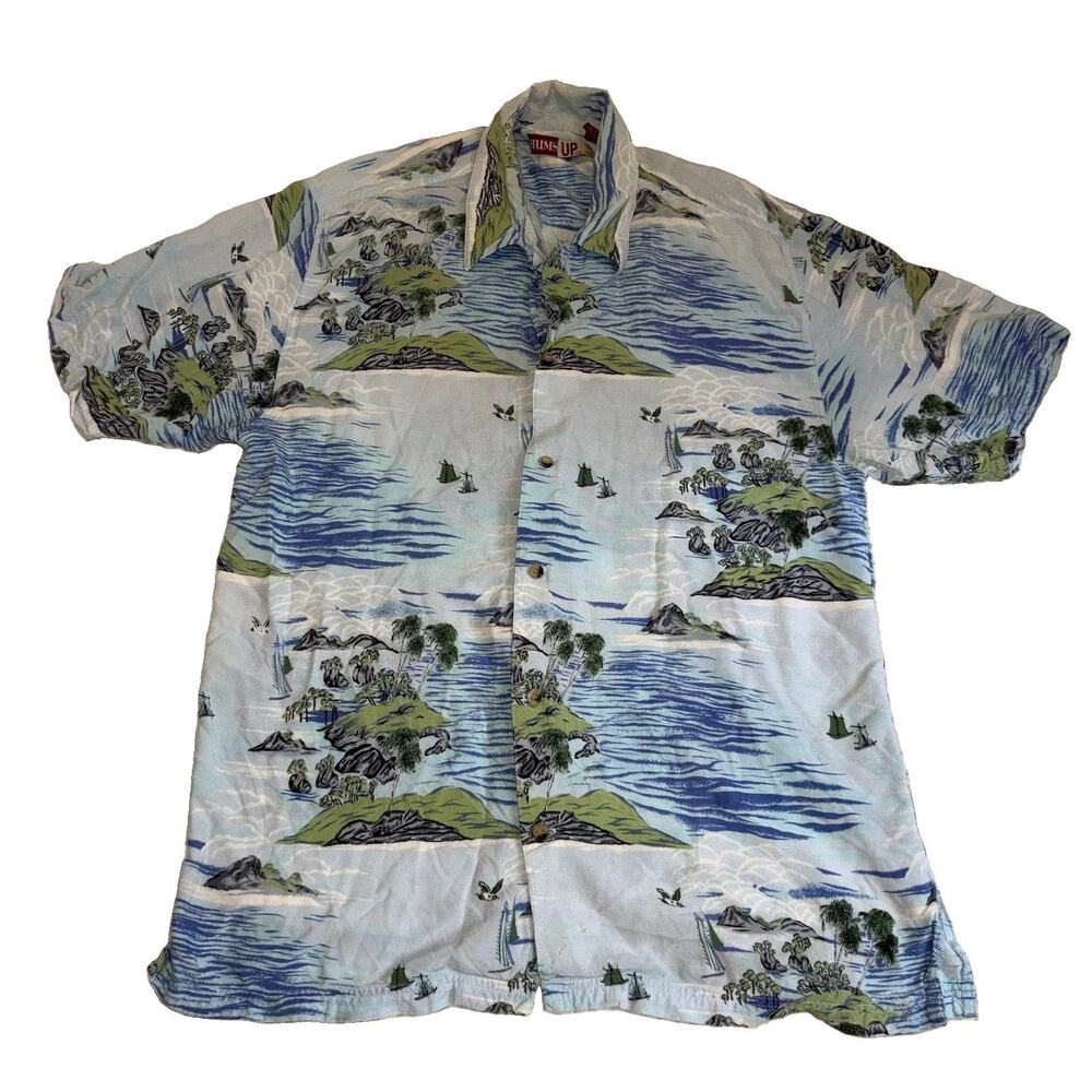 VTG THUMS UP MENS M COLORFUL Islands And PALMS SHORT SLEEVE HAWAIIAN SHIRT